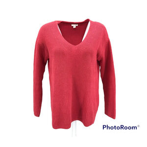 J Jill Women's V-Neck Chunky Cable Knit Tunic Sweater Sz SM Burgundy Relaxed Fit